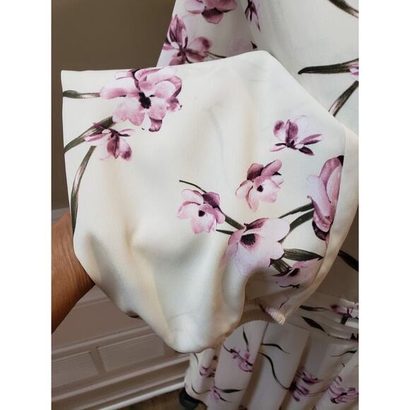 FTF Dress Women Size 2X White Pink Floral Long Sleeve V Neck Polyester Elegant - Picture 5 of 12